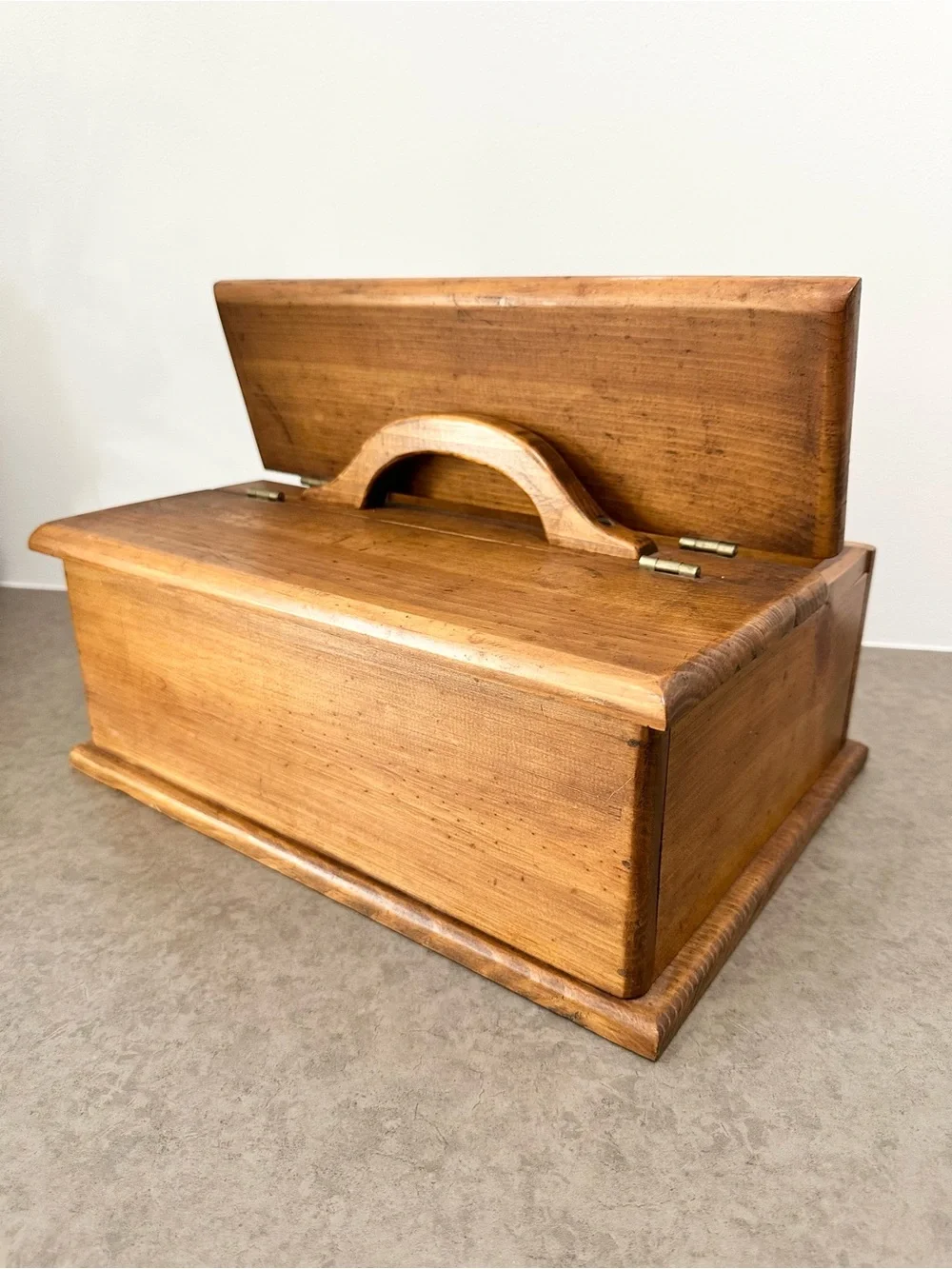 Vintage Wooden Handled Storage Box Tool Caddy Dual Hinged Lid Warm Honey Brown